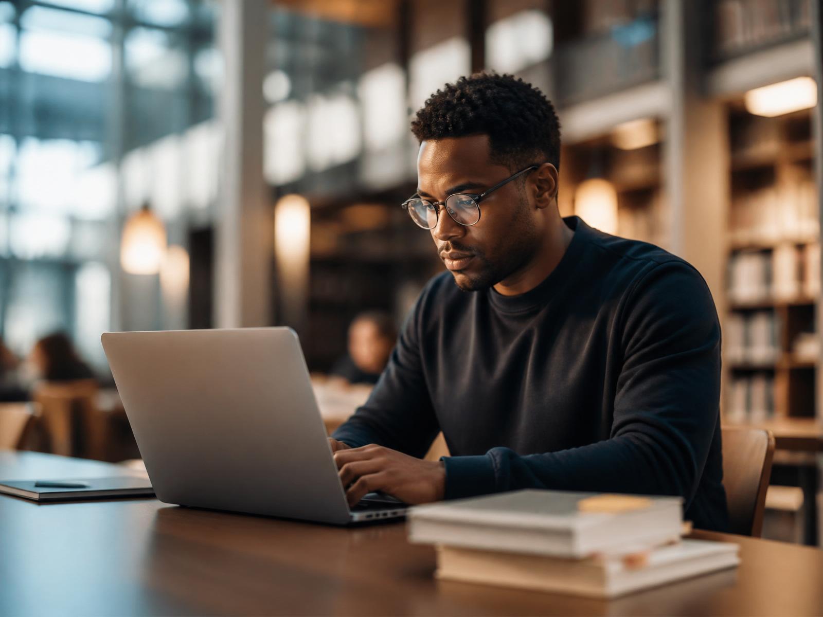 Adult learner studying in a modern university library